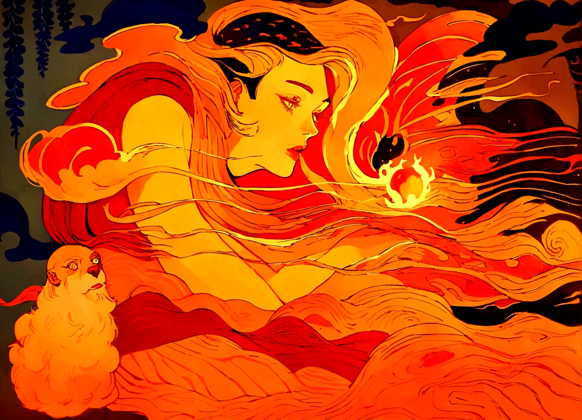 painting of a man with a fire breathing body and a fireball, botticelli and victo ngai, james jean and victo ngai, victo ngai style, victo ngai and tristan eaton, inspired by Victo Ngai, ( ( victo ngai ) ), by Victo Ngai, victo ngai! muted colors