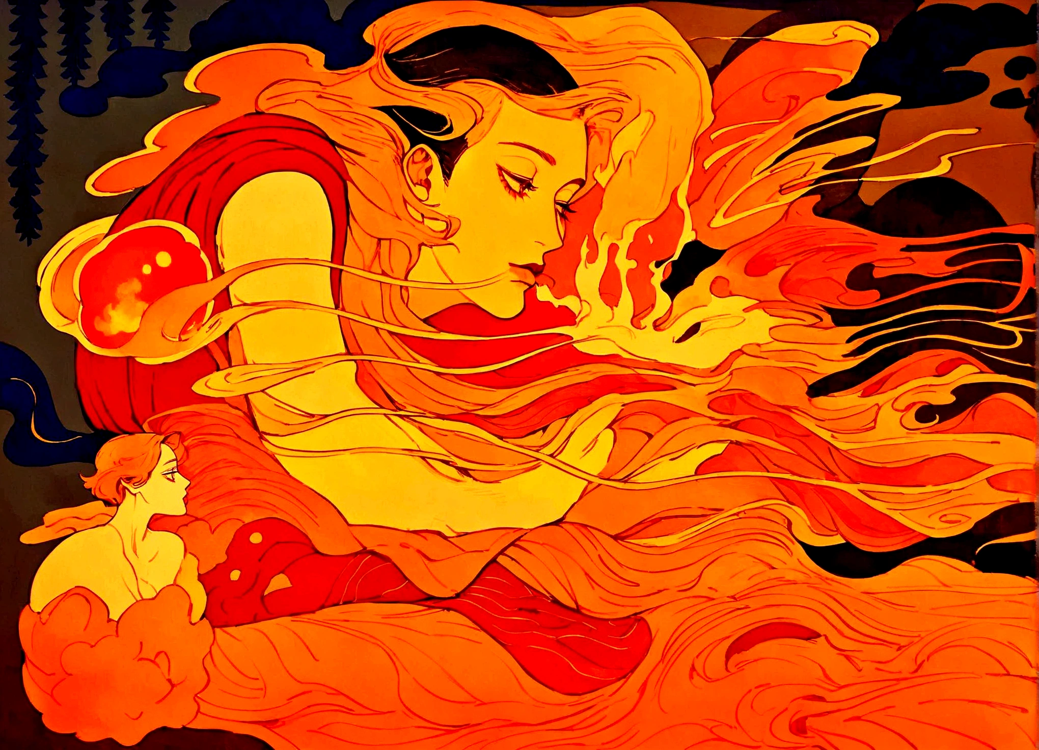 painting of a man with a fire breathing body and a fireball, botticelli and victo ngai, james jean and victo ngai, victo ngai style, victo ngai and tristan eaton, inspired by Victo Ngai, ( ( victo ngai ) ), by Victo Ngai, victo ngai! muted colors