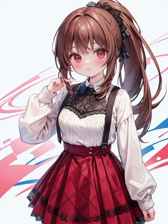 masterpiece, Highest quality, Very detailed, 16K, Ultra-high resolution, Cowboy Shot, -yeld fee, Detailed face, Red eyes, Brown Hair, ponytail, White blouse, sweater, Best, (Checkered lace skirt:1.4), (Abstract expressionism:1.2)