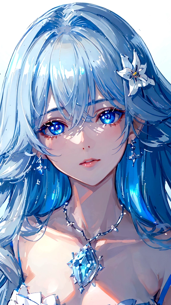 masterpiece, Highest quality, figure, Sax Blue, Platinum Earrings, Platinum Necklace, White Dress, One girl, cute, (Dynamic Lighting:1.2), Cinema Lighting, Delicate facial features, Fine grain, Sharp pupils, Realistic students, Depth of written boundary, Bokeh, Sharp focus, (Ultra-detailed, bloom, shine:1.4), Lots of little gems、Water Fairy、The shading is soft