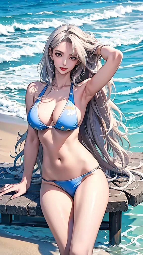 table top, best quality, realistic, very detailed, fine details, high resolution, 8K wallpapers, 1 beautiful woman, slim abs, Wearing a bikini on the beach, armpit, light brown messy hair, Fully dynamic configuration, beautiful detailed eyes, laugh, Detailed skin texture, detailed hair, Colorful micro bikini, sexy legs, big chest thin waist, whole body, present in the sea, From knees to sea, platinum hair,red lipstick,There is a lot of gap between the crotch, (height 175),((long hair)),