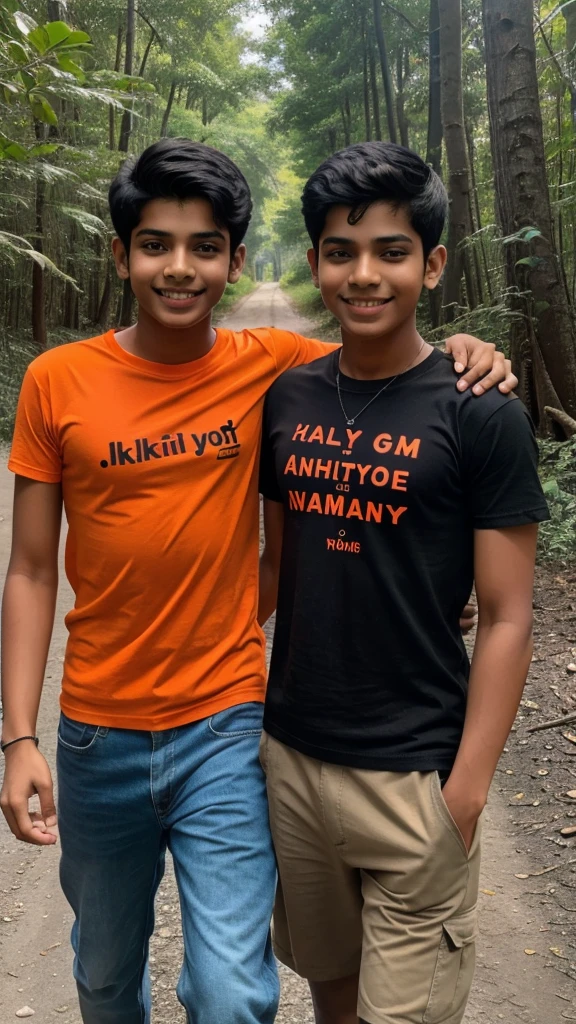 18 years old two indian boys walking on forests
road, they are smile , first boy is wearing Orange T-shirt, and second boy wearing Black T-shirt, realistic image, 4k quality image. the words Ak Smiley written at top sky . there tshirt not written any word.