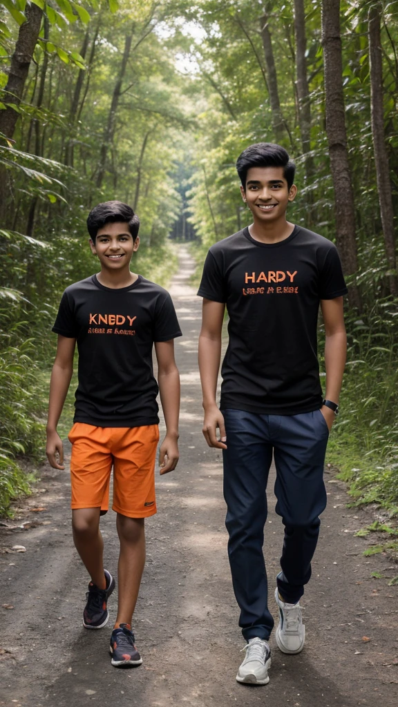 18 years old two indian boys walking on forests 
road, they are smile , first boy is wearing Orange T-shirt,   and second boy wearing Black T-shirt,  realistic image, 4k quality image. the words Ak Smiley written at top sky . there tshirt not written any word.