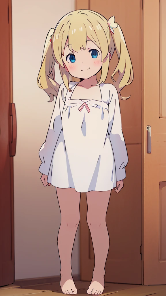 ((masterpiece))((Highest quality))girl、smile、blush、Flat Chest、Are thin、、low length、Blonde、Long twin tails、Embarrassed、Are standing、Angel clothes、Whole body image、Even your toes are visible、Eye level on face、front、No background、mayonnaise、真frontのアングル