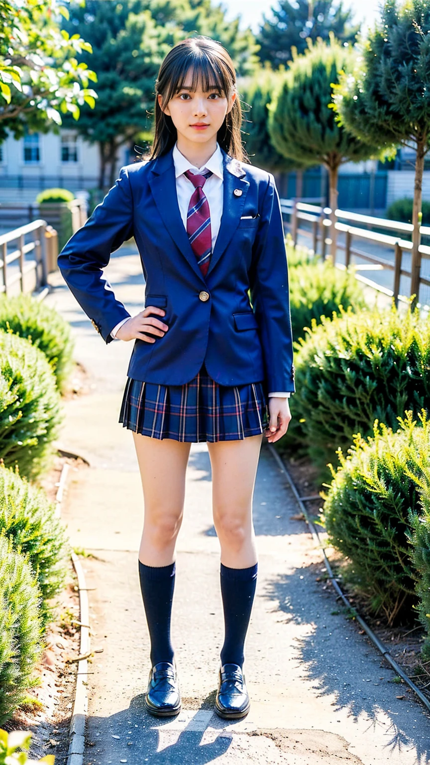 (8K、RAW Photos、Highest quality、masterpiece:1.2)、(Realistic、Realistic)、1 Girl、((Black Check Mini Skirt、High School Uniform、blazer、Navy Socks、loafers、garden、View from the front、Looking into the camera、Stand with hands on hips))、cute