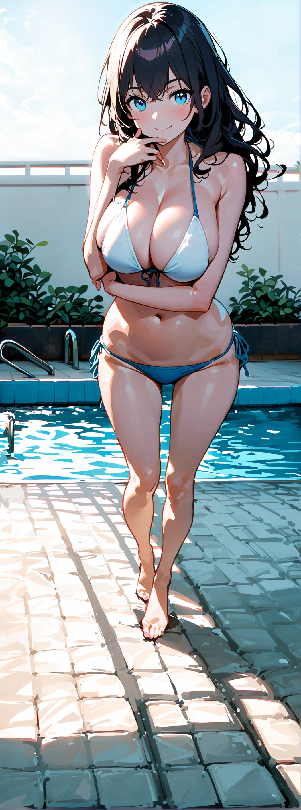 ((Highest quality、、masterpiece:1.3)), Upper Body、Long legs、Sharp focus:1.2, Beautiful woman with perfect figure:1.4、((Big Breasts:1.2)), (Smiling:1.2), double eyelid、30-year-old female、Sexy pose、((((bikini、Poolside、The pool in question))))、Blue Eyes,(((Close your mouth、Standing posture)))、One Woman、