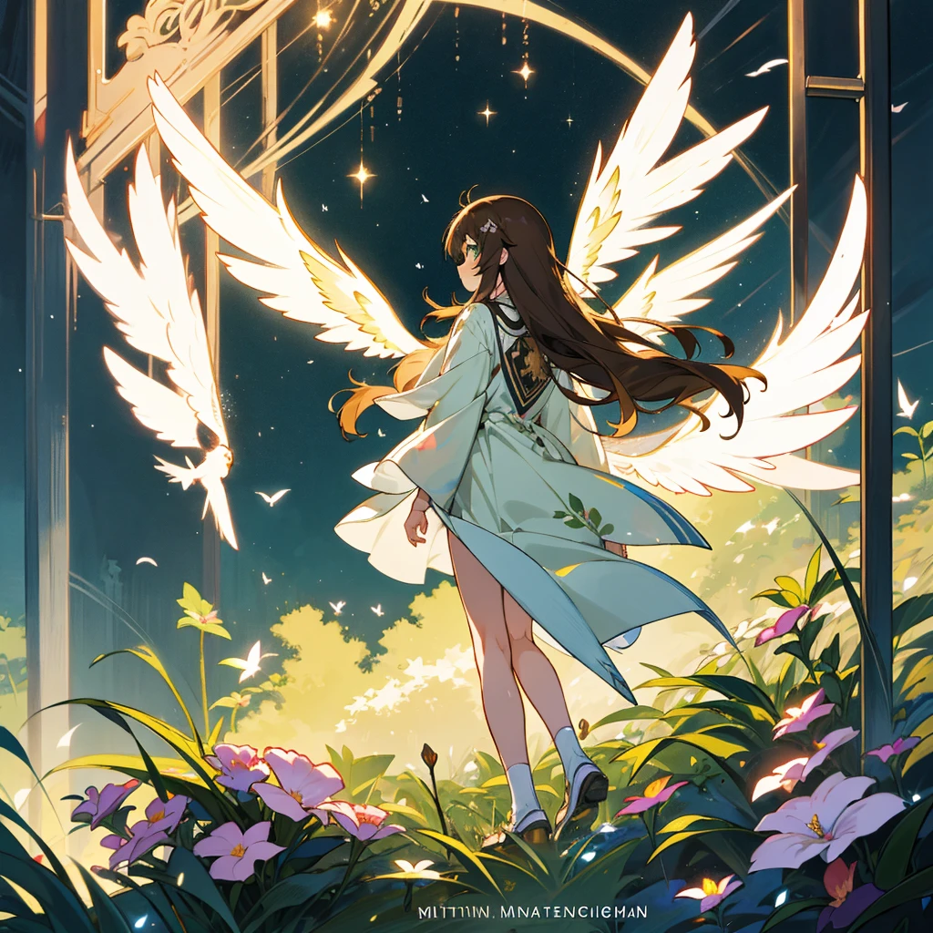 brown hair, long hair, straight hair, kawaii, anime, Cute, hyper quality, highly detailed, full body, 16k, green eyes, private clothes, wings of light on the back of body, one girl, nature background, moonlight, Meteor shower, light effects, one brown bird, highlight, flower garden, garden