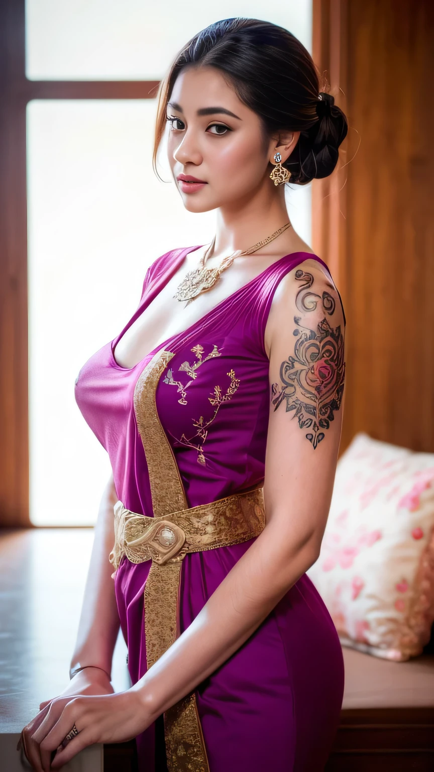 a beautiful girl, detailed body tattoos, wearing kebaya dress, beautiful detailed eyes, baby face, cute girl, big breasts, earrings, necklace, Javanese ornaments, photorealistic, 8k, masterpiece, highly detailed, digital painting, vibrant colors, dramatic lighting