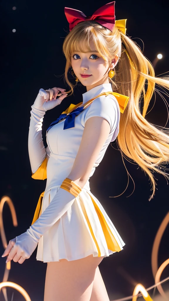 Create a highly detailed image of a character inspired by Sailor Venus from the Sailor Moon series. She is standing confidently, showcasing her iconic sailor scout uniform. The uniform includes a pristine white bodice with a large, vibrant orange bow at the chest, and a orange collar adorned with white stripes. Her skirt is a bright yellow, pleated and flowing. Instead of her usual white socks, she is wearing elegant, sheer black stockings that highlight her legs and add a sophisticated touch to her outfit. She also wears white gloves that extend to her elbows, each accented with a small orange bow. Her long, flowing blonde hair is styled with a prominent red bow on top. She has striking blue eyes, a confident smile, and her signature red bow earrings. The background features a vivid night sky filled with twinkling stars and a crescent moon, enhancing the magical and celestial theme of the series. The overall style should emphasize the details of her outfit, making it the focal point of the image.