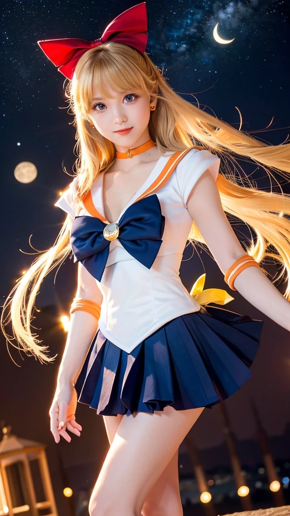 Create a highly detailed image of a character inspired by Sailor Venus from the Sailor Moon series. She is standing confidently, showcasing her iconic sailor scout uniform. The uniform includes a pristine white bodice with a large, vibrant orange bow at the chest, and a orange collar adorned with white stripes. Her skirt is a bright yellow, pleated and flowing. Instead of her usual white socks, she is wearing elegant, sheer black stockings that highlight her legs and add a sophisticated touch to her outfit. She also wears white gloves that extend to her elbows, each accented with a small orange bow. Her long, flowing blonde hair is styled with a prominent red bow on top. She has striking blue eyes, a confident smile, and her signature red bow earrings. The background features a vivid night sky filled with twinkling stars and a crescent moon, enhancing the magical and celestial theme of the series. The overall style should emphasize the details of her outfit, making it the focal point of the image.
