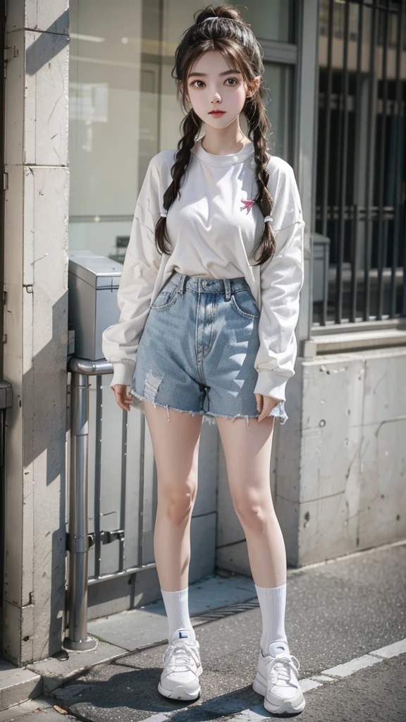 Wearing white long sleeves,Bare legs,White calf socks,White sneakers,Close-up of a teenage girl with two pigtails,Full body close-up,Standing motion