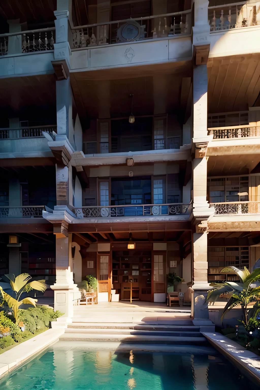 A resort library,Very big,Many tourists relax here,Reading,HD,Realism。