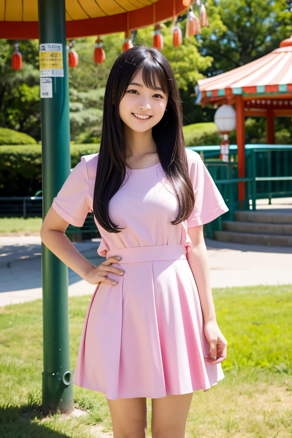 A Japanese high school girl standing in an empty amusement park、Cute face、Long black hair、Cute clotheummer clothes、Smiling、Full body portrait