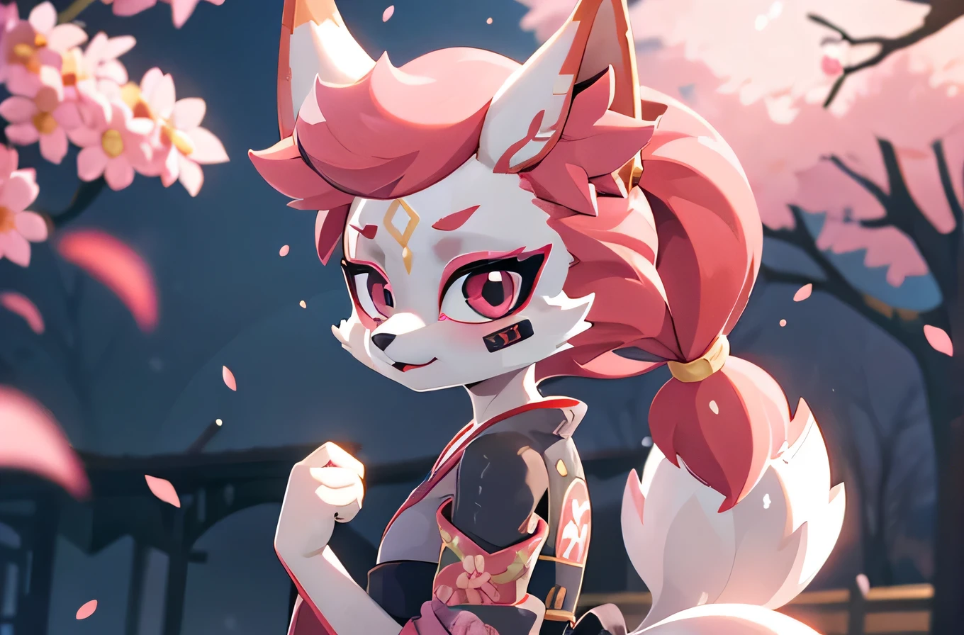 kimiko, furry female anthro, fox girl, white body fur, Pink hair, multiple tails, solo, body fur, (best quality), cinematic lighting, short ponytail, masterpiece, perfect hair, background of falling sakura petals, cherry blossoms, turned her back to the viewer, the face is not visible, kimono