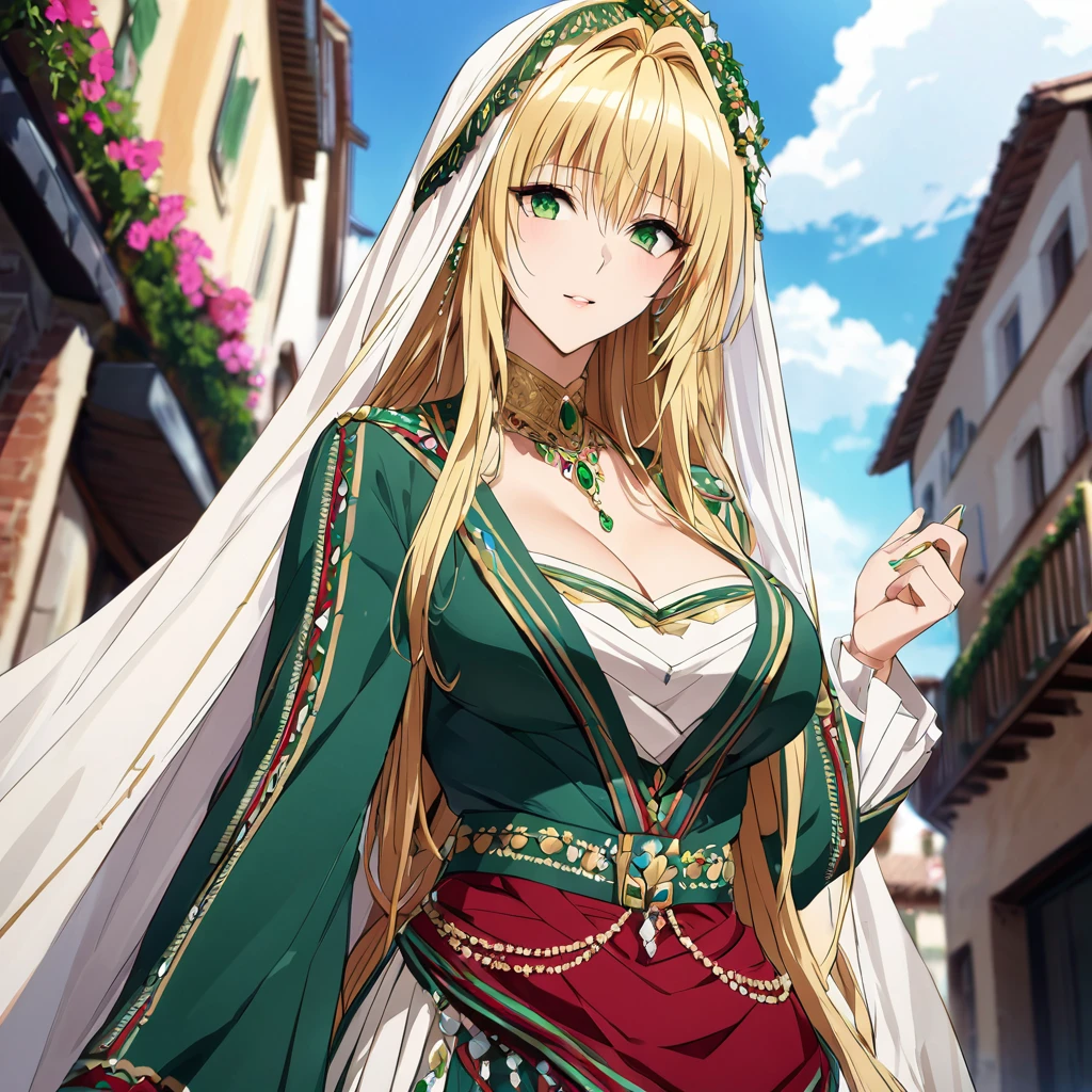 ((Highest quality)), ((masterpiece)), (detailed), (Perfect Face)、The woman is an Italian Tierra, and is seen in the streets of Italy wearing the gorgeous and glittering Italian traditional Sardinian costume, a lavishly decorated velvet jacket, a long veil, gorgeous jeweled accessories and an engagement ring.、The woman is an elegant Italian tiare with green eyes and blonde medium-long hair. The woman is wearing a velvet jacket decorated with the Italian national costume of Sardinia and a long veil.
