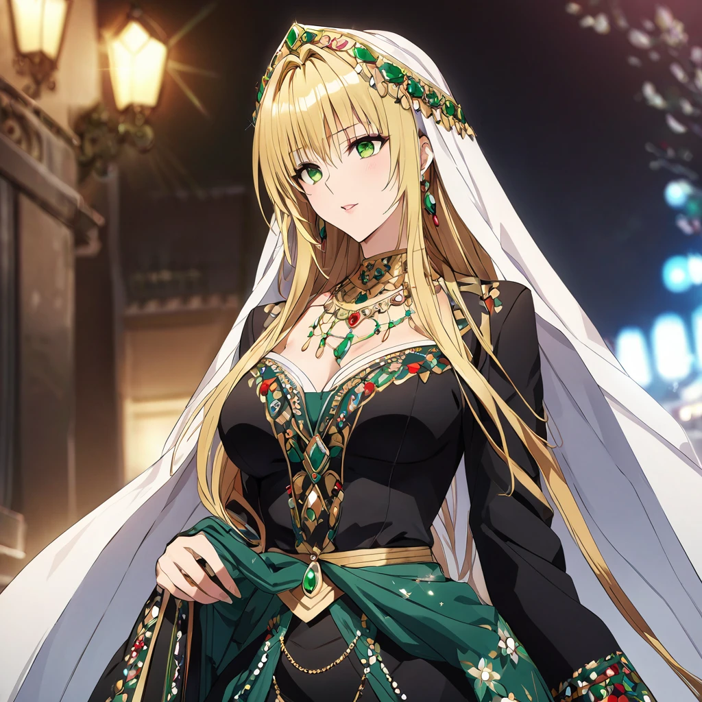 ((Highest quality)), ((masterpiece)), (detailed), (Perfect Face)、The woman is an Italian Tierra, and is seen in the streets of Italy wearing the gorgeous and glittering Italian traditional Sardinian costume, a lavishly decorated velvet jacket, a long veil, gorgeous jeweled accessories and an engagement ring.、The woman is an elegant Italian tiare with green eyes and blonde medium-long hair. The woman is wearing a velvet jacket decorated with the Italian national costume of Sardinia and a long veil.