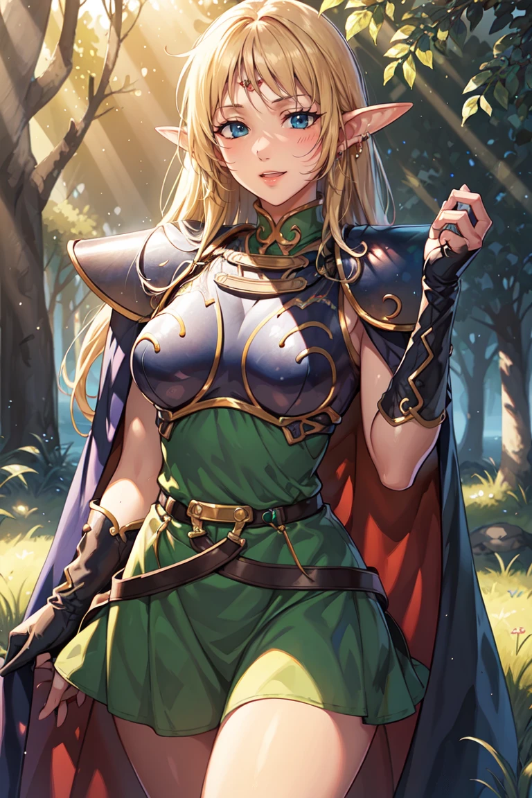 (extremely detailed fine touch:1.2), (natural light, sun light, light rays, dappled light, ray tracing:1.2), mature female , masterpiece, best quality, highly quality , 
pointy ears, blonde hair, long hair, elf, circlet, green eyes, long pointy ears, very long hair, breasts, medium breasts, earrings, lips, makeup, bangs,
cape, armor, blue cape, shoulder armor, pauldrons, gloves, breastplate, belt, green dress, short dress,
looking at viewer, blush, open mouth, standing,