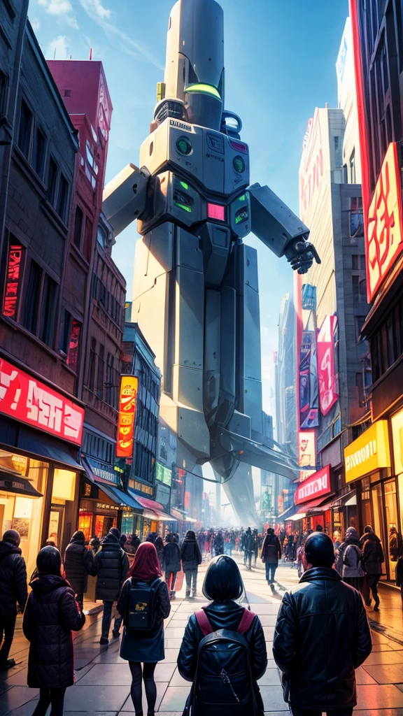 Please draw an illustration of a crowded city street with a giant robot standing in it. The street is filled with many people walking, and there are buildings and shops lining the road. Also, please hide a few aliens in the background. The colors should be bright and vibrant, and the overall design should be pop art style.