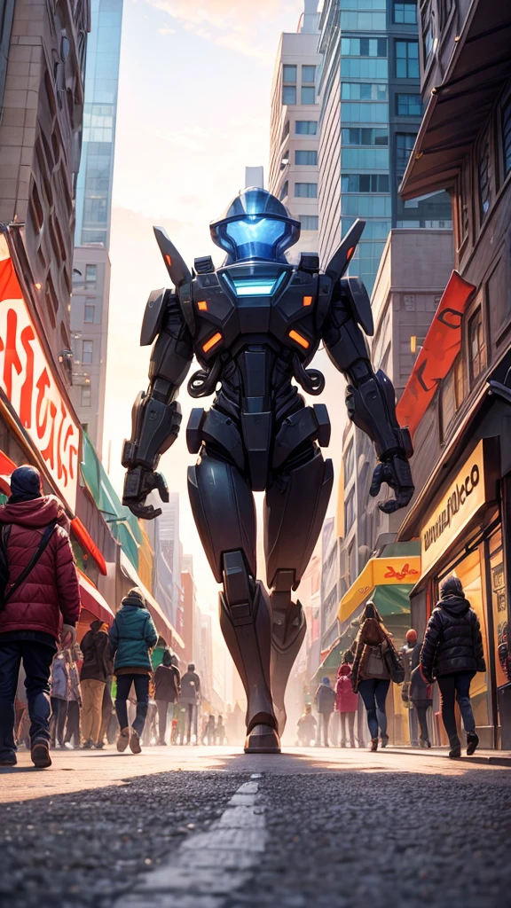 Please draw an illustration of a crowded city street with a giant robot standing in it. The street is filled with many people walking, and there are buildings and shops lining the road. Also, please hide a few aliens in the background. The colors should be bright and vibrant, and the overall design should be pop art style.