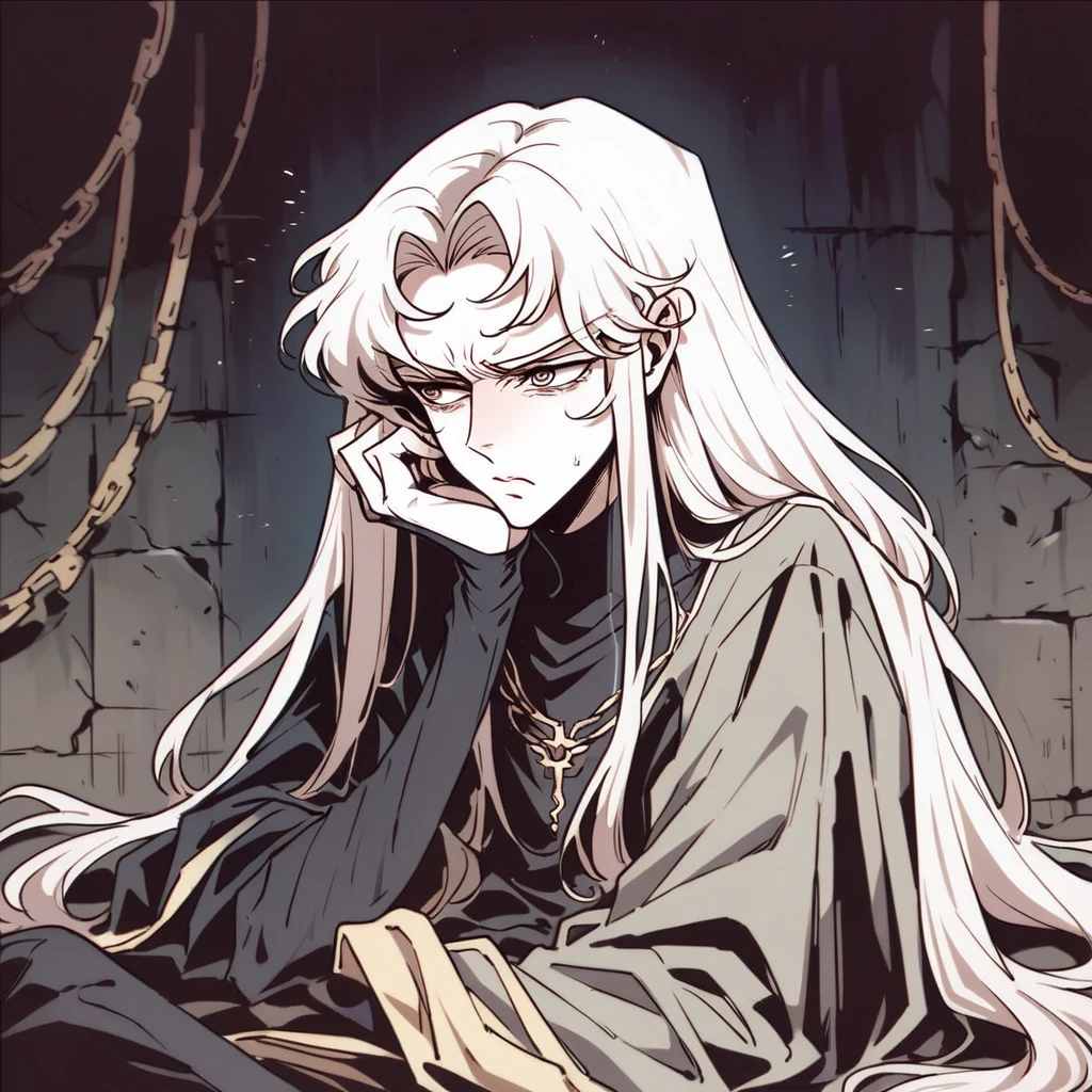 vintage, amazing details, Best quality, Motion Blur, surreal, Dreamy, very detailed, (Natural skin texture, soft light), (((Beautiful, high quality, a lot of details))), ((1 boy,)) Beautiful young boy, portrait, thin young man, Long white hair, pale skin, sad look, Painful face, Gloomy atmosphere, feeling of loneliness, black robe, looking into the camera