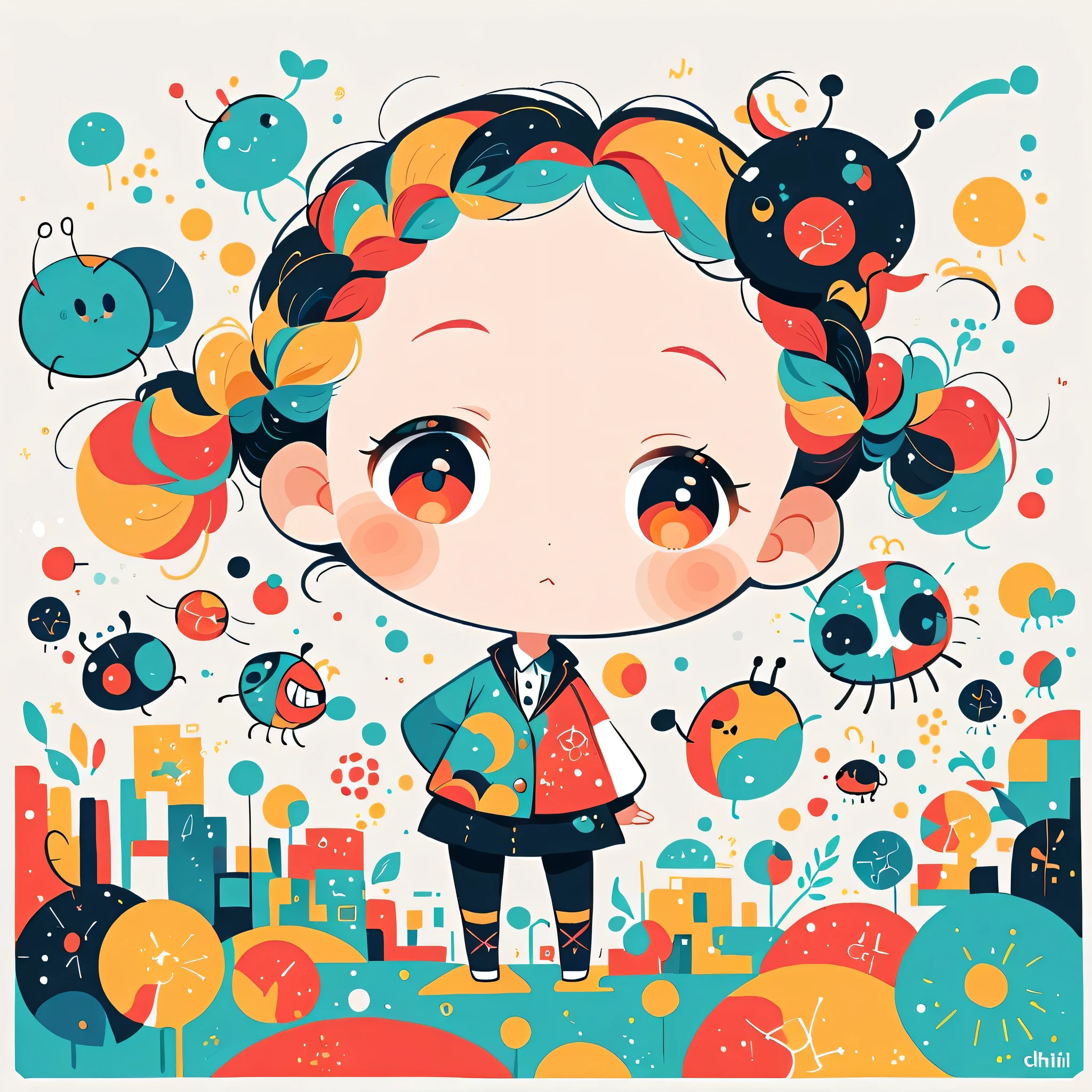 Black Star Red and White style, Standing in front of a high wall，Simple Line Initialism，Abstract art，Urban Background, (((The most beautiful girl))), (((chibi))), Cute and colorful pillbugs, 