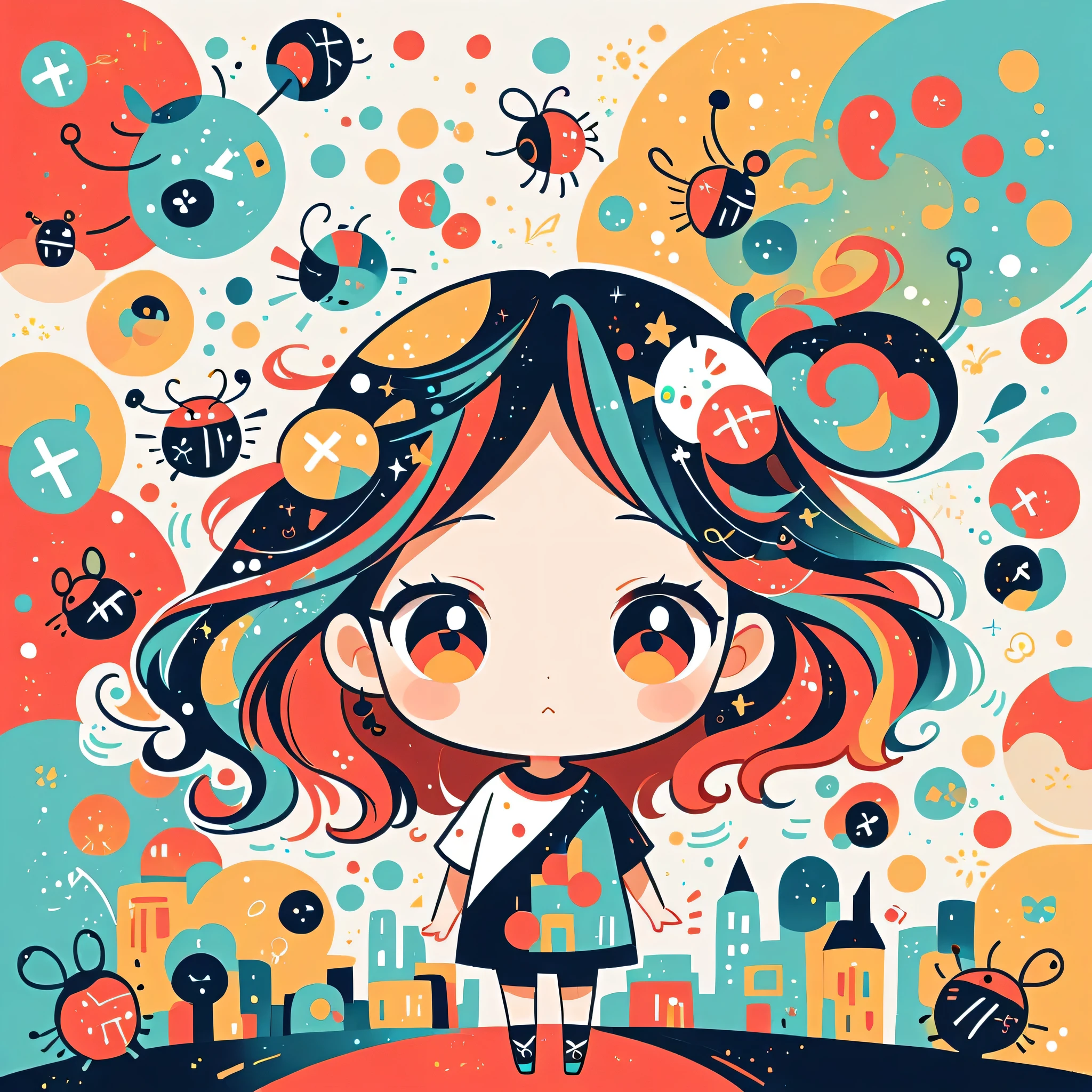 Black Star Red and White style, Standing in front of a high wall,Simple Line Initialism,Abstract art,Urban Background, (((The most beautiful girl))), (((chibi))), Cute and colorful pillbugs,