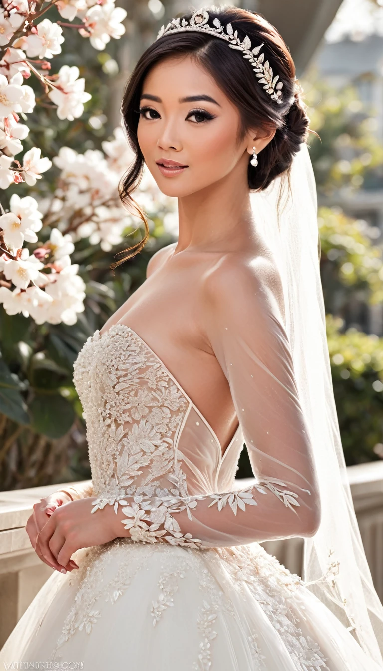 "Create a full-body illustration of an Asian bride, showcasing her from head to toe. The bride should be dressed in a stunning white gown with intricate lace detailing, delicate beadwork, and a flowing train. Her hair should be elegantly styled, perhaps with a traditional bridal updo or loose waves, adorned with a delicate tiara or hairpiece. The bride should be wearing subtle, elegant jewelry, such as pearl earrings and a matching necklace. The background should be soft and romantic, with elements like gentle florals or a classic wedding venue to enhance the overall aesthetic of the image."