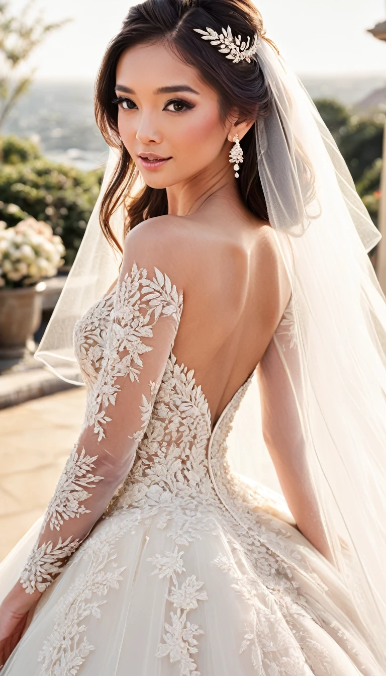 "Create a full-body illustration of an Asian bride, showcasing her from head to toe. The bride should be dressed in a stunning white gown with intricate lace detailing, delicate beadwork, and a flowing train. Her hair should be elegantly styled, perhaps with a traditional bridal updo or loose waves, adorned with a delicate tiara or hairpiece. The bride should be wearing subtle, elegant jewelry, such as pearl earrings and a matching necklace. The background should be soft and romantic, with elements like gentle florals or a classic wedding venue to enhance the overall aesthetic of the image."