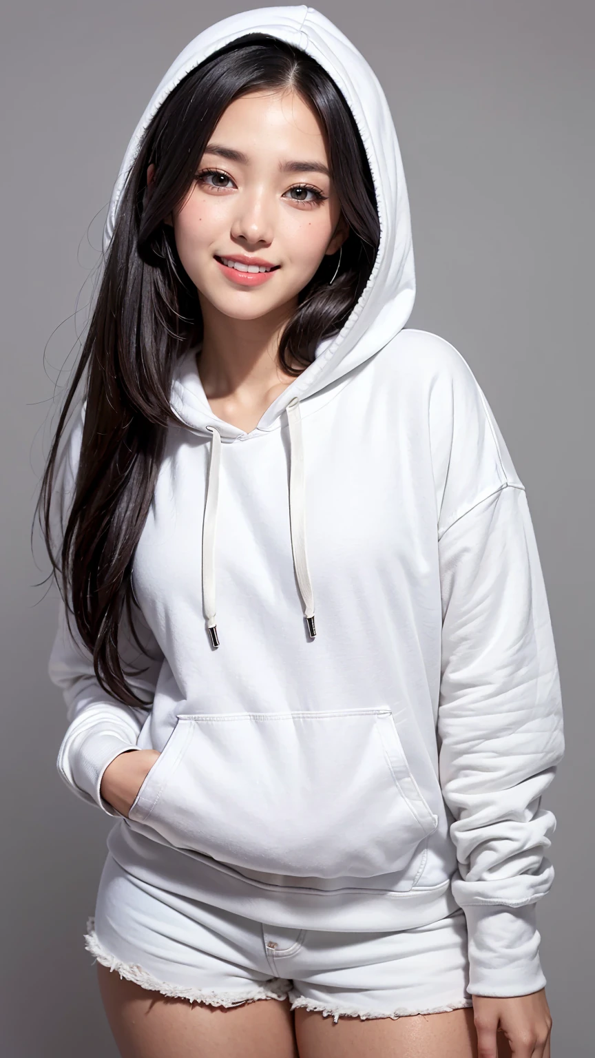 Realistic, masterpiece, Highest quality, Highest Resolution, Anatomically correct, Accurate Anatomy, (Gray blank background:1.3), (1girl:1.3), 20-year-old, Height: 165cm, Shot from thigh up, (Thick thighs:1.2), (Long Hair, Straight Hair, Silver Hair:1.3), (Squint your eyes, Sharp Eyes, (Iris:1.2)), (Hidden eyelid wrinkles:1.2), Thin eyebrows, Draw eyelashes carefully, Natural Makeup, Chin up, Grin, Slightly to the side, (White hoodie and denim hot pants:1.3), (Barker's hood is not on:1.3)