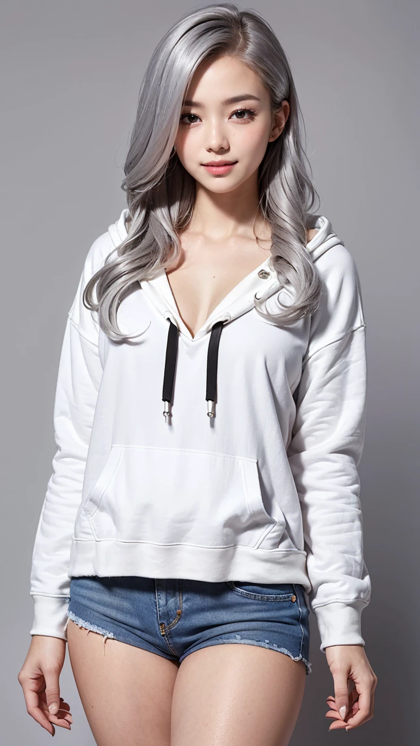 Realistic, masterpiece, Highest quality, Highest Resolution, Anatomically correct, Accurate Anatomy, (Gray blank background:1.3), (1girl:1.3), 20-year-old, Height: 165cm, Shot from thigh up, (Thick thighs:1.2), (Long Hair, Straight Hair, Silver Hair:1.3), (Squint your eyes, Sharp Eyes, (Iris:1.2)), (Hidden eyelid wrinkles:1.2), Thin eyebrows, Draw eyelashes carefully, Natural Makeup, Chin up, Grin, Slightly to the side, (White hoodie and denim hot pants:1.3), (Barker's hood is not on:1.3)