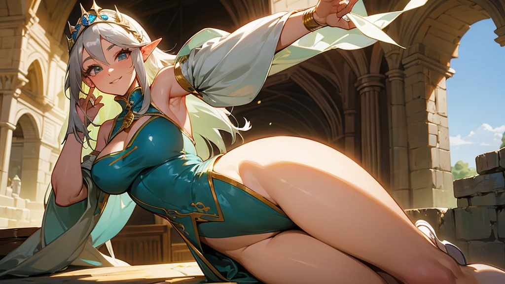 Anime Style,Nostalgic,Detailed background,The medieval world,A palace-like cave,A beautiful silver-haired smiling bard elf,Large Breasts,Healthy thighs,Underarm,Lots of people