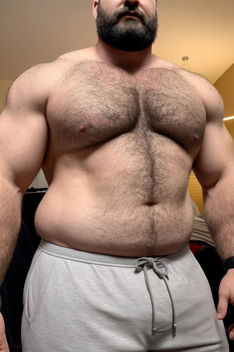 8K HDR Very Extremely Realistic Very Detailed High Quality 8K HDR Very Realistic 46 year old daddy rugged beefy big thick burly chubby bodybuilder muscle bears man, 8KHDR very realistic beared big daddy muscle bear,  and 8KHDR very realistic detailed rugged burly man in shorts, 8KHDR very realistic hair, 8KHDR very realistic beards, 8KHDR very realistic thick chubby fat neck, 8KHDR very realistic neck lines, 8KHDR very realistic detailed neck, 8KHDR very realistic burly chest, 8KHDR very realistic detailed hairy burly chest and arms, 8KHDR very realistic detailed hairy burly chest and arms, 8KHDR very realistic burly muscle bear body, 8KHDR very realistic nipples, 8KHDR very realistic burly muscle bear body, 8KHDR very realistic face, 8KHDR very realistic detailed face, 8KHDR very realistic eyes, 8KHDR very realistic detailed eyes, 8KHDR very realistic pupils, 8KHDR very realistic detailed pupils, 8KHDR very realistic head, 8KHDR very realistic waist, 8KHDR very realistic facial features, 8KHDR very realistic burly arms, 8KHDR very realistic elbows, 8KHDR very realistic hands, 8KHDR very realistic pecs, 8KHDR very realistic belly, 8KHDR very realistic human man body, 8K HDR very realistic bellybutton, 8KHDR very realistic wrists, 8KHDR very realistic fingers, 8KHDR very realistic fingernails, 8KHDR very realistic shoulders, 8KHDR very realistic mouth, 8KHDR very realistic lips, 8KHDR very realistic mens clothing, 8KHDR very realistic detailed mens clothing. 8KHDR Very Realistic Hairy Bearded Burly Muscle bear Photoshoot,  8KHDR Very Realistic Ultra-detailed, 8KHDR very realistic detailed bedroom surroundings, 8KHDR very realistic surroundings lighting, No Deformities, An ultra-realistic photograph captured with a Sony α7 III camera, equipped with an 85mm lens in F 1.2 aperture, The cutting-edge Midjourney v5, ( best quality, highres, realistic:1.37), Super real detailed skin, Ultra-detailed, Photorealistic 1.4, hyper photorealism, 8K HDR Clear HDR Quality, 