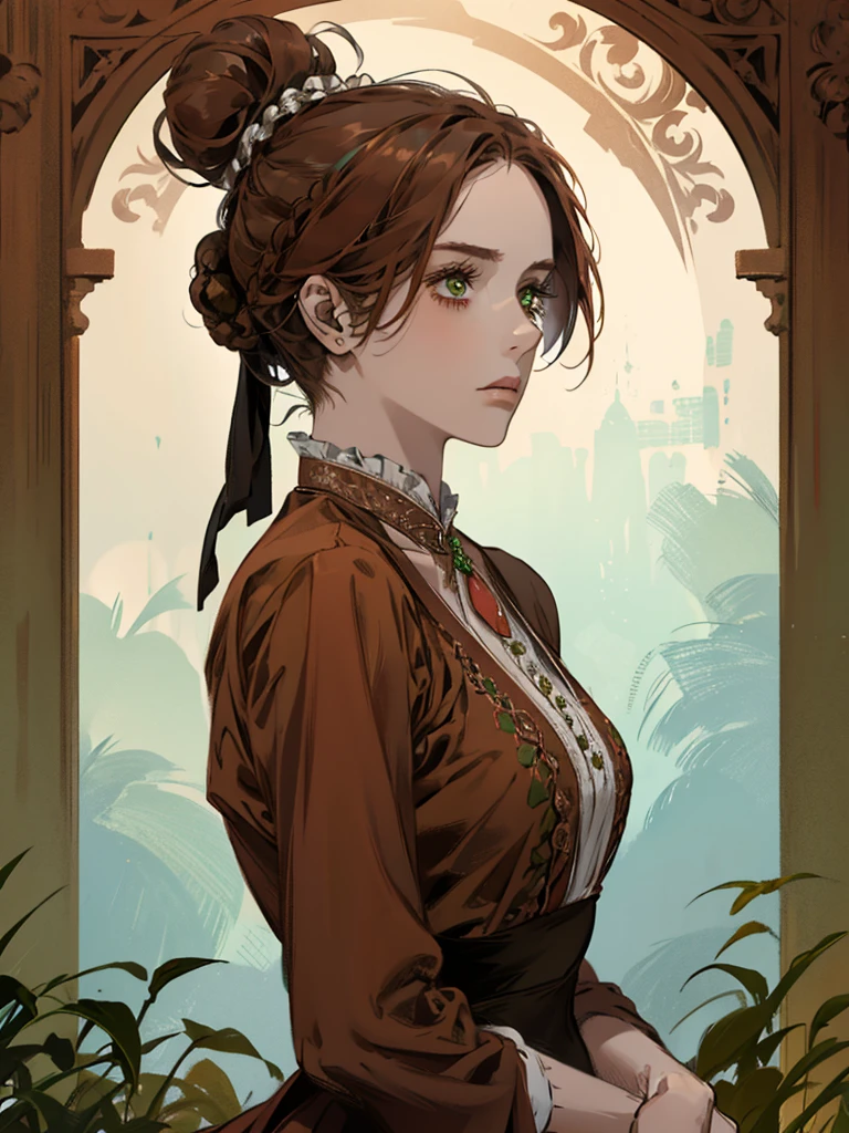 one, lonely, digital painting of a woman with her hair tied up in a bun, Brown red hair, green eyes, young noblewoman from the 1800s , calm face, long face, looks down, dark red dress, closed clothing, decorations on the head around the hair portrait style, looking away, in a beautiful and green garden