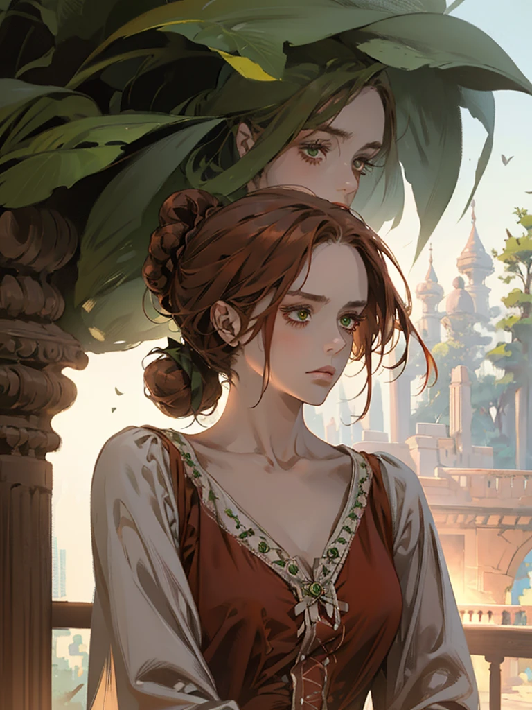 one, lonely, digital painting of a woman with her hair tied up in a bun, Brown red hair, green eyes, young noblewoman from the 1800s , calm face, long face, looks down, dark red dress, closed clothing, decorations on the head around the hair portrait style, looking away, in a beautiful and green garden