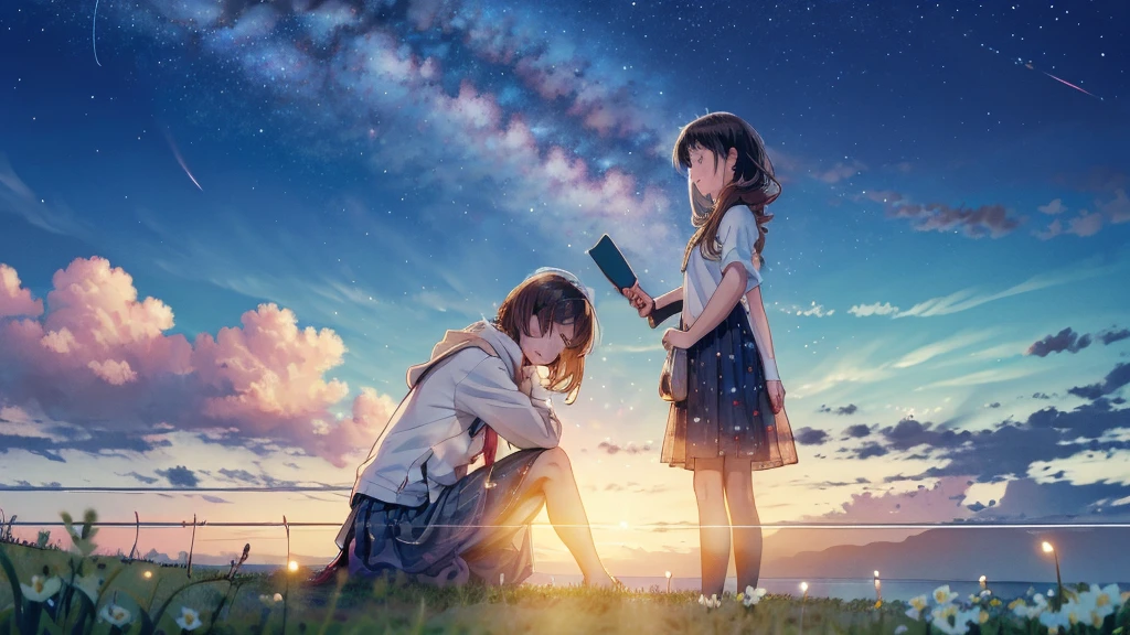 In the quiet of the night, a young girl sits on lush grass, her eyes fixed on the boundless starry sky. The stars twinkle faintly, illuminating her determined and clear gaze. In this tranquil moment, her heart is filled with longing and courage for the future, as if each star represents a goal and hope within her. Her posture exudes a deep determination, ready to face any challenge with the belief that she can create her own brightness and destiny.