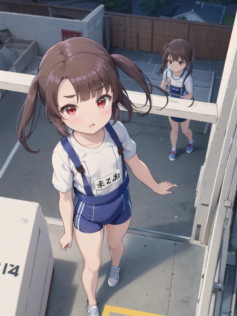 1girl,{{{{Thick brown rope_cling}}}},Rope climbing,Going up,A view from above,(Aerial),Watching the audience,Outdoor,night,On a grey mat＿Are standing,,Light,White square bib number,((White gym clothes,Red harness)),Red eyes,Long twin tails,Brown Hair,Eyebrows visible through hair,Flat Chest,,Focus on face, 