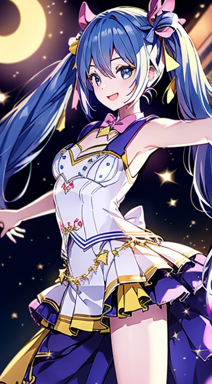 Super Idol　beautiful girl　Cute Smile　Sky blue hair　Hair length　Twin tails　Sexy outfit with sparkling bright yellow and white skin visible　mysterious　Fantasy　constellation　moon　Crystal Sparkle　Aurora in the night sky