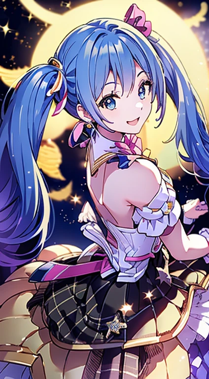 Super Idol　beautiful girl　Cute Smile　Sky blue hair　Hair length　Twin tails　Sexy outfit with sparkling bright yellow and white skin visible　mysterious　Fantasy　constellation　moon　Crystal Sparkle　Aurora in the night sky