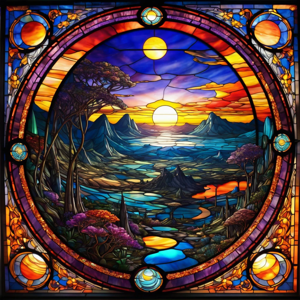 a magnificent sunset on a strange and mysterious alien style stained glass planete. It's very textured and detailed with lots of multicolored swirls and dreamy dust.
