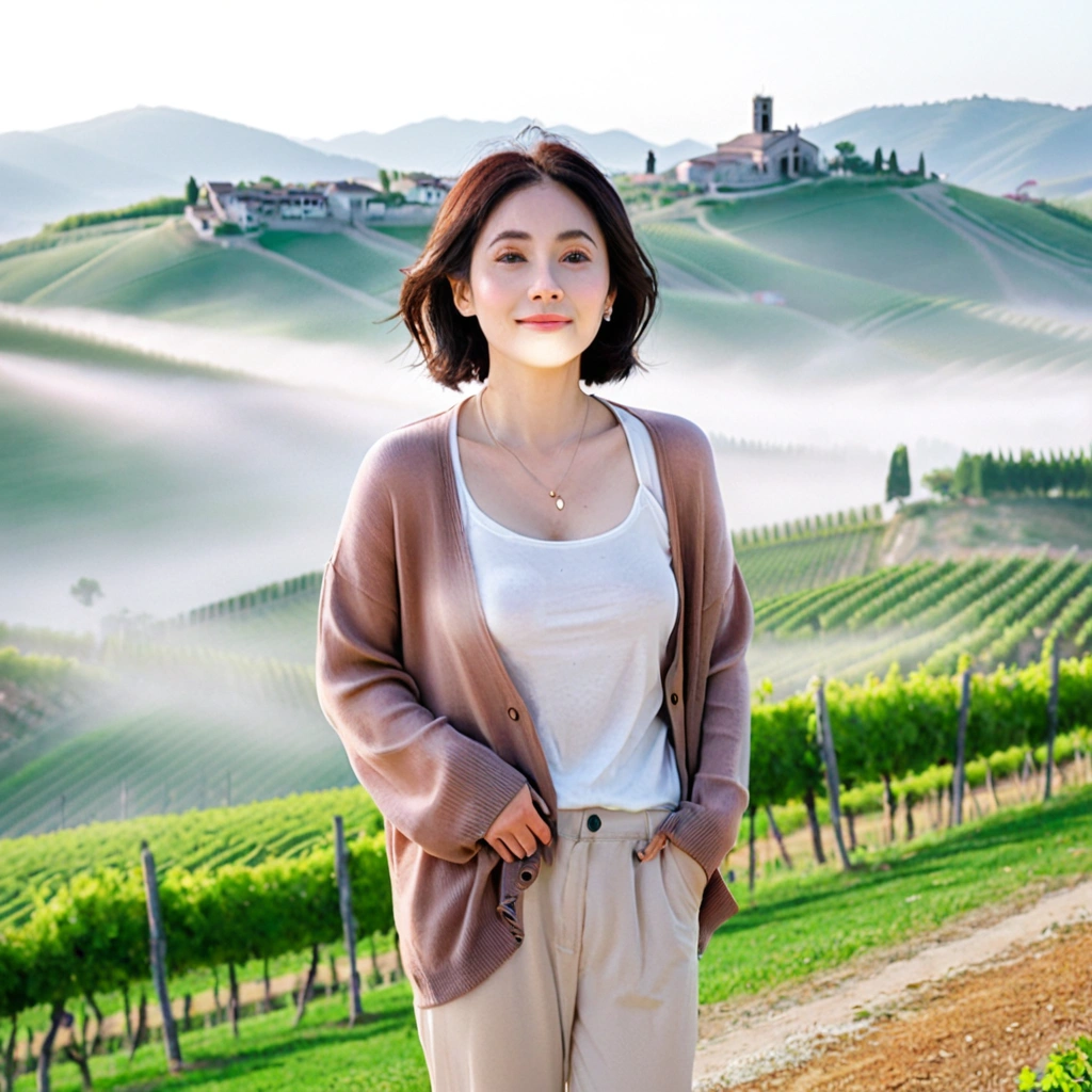 k Best picture quality, Beautiful 36-year-old Korean woman, You have good skin and big and pretty eyes.. Chest size 34 inches, italian countryside, past the vineyard, The cathedral can be seen in the distance in thick fog.., The back background is realistic and vivid quality., Short and medium hair blowing in the wind, A short cardigan was neatly worn over a knit that went up to the neck.. white casual pants, laugh. the background is clear, Short and slim Korean woman, stand far away, Photo taken with a wide-angle lens, One woman with big and pretty eyes, eyes are round and big, Standing on a hill overlooking vineyards, As the morning sun rises, the red light is soft.