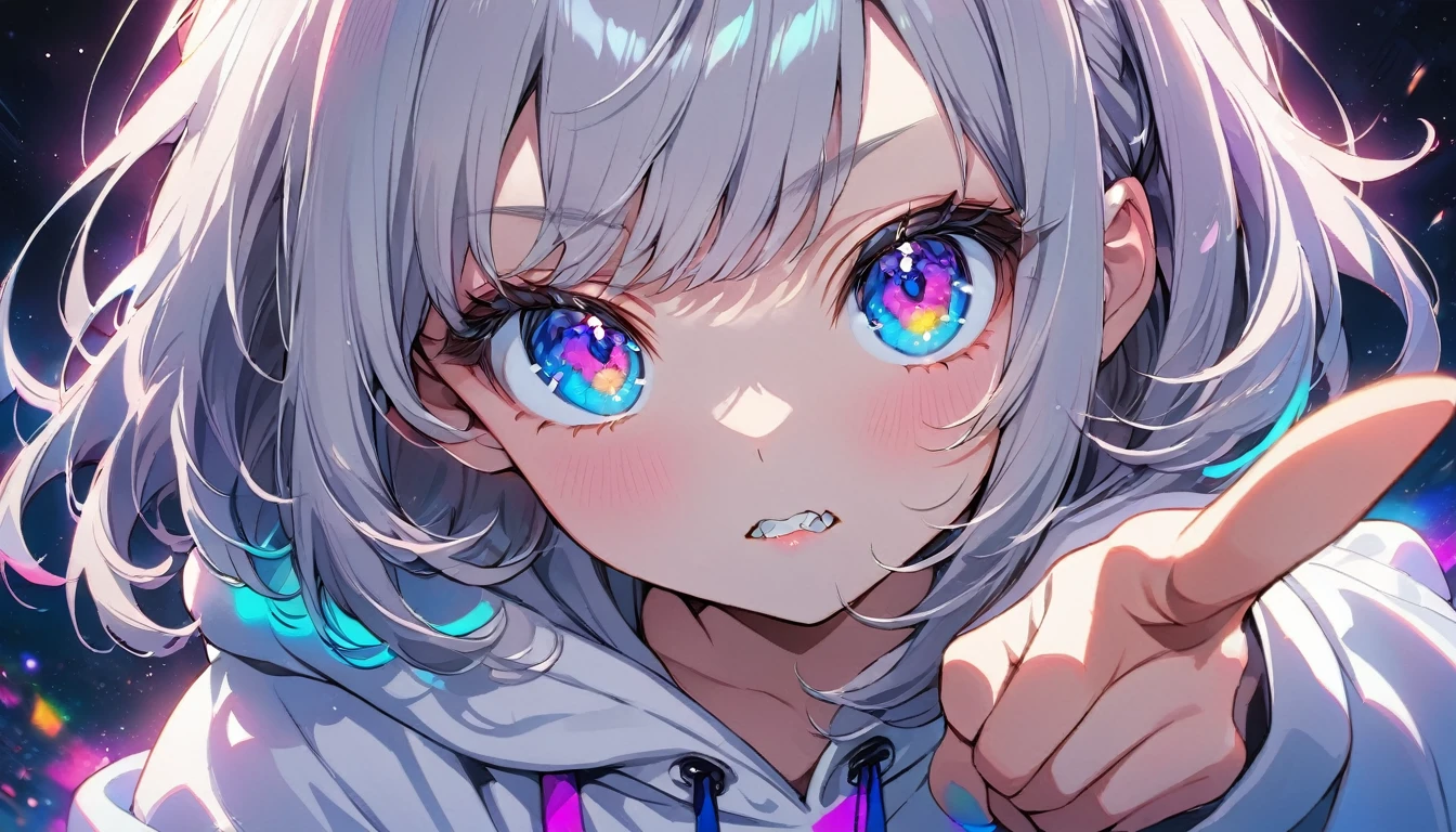 ((Masterpiece)), ((best quality)), (Anime:1.3), (super detail:1.2), (High Definition:1.3), (Professional Photography:1.3), cute young Girl, Glossy unruly hair, (loose swept bangs), (silver ash hair), medium hair, big eyes, (Eye bags:1.3), (Long eyelashes), colorful eyes, (serious), Glossy lips, (jagged teeth), ((white hoodie with oversized)), barearms, cute, neon lit, starry night, (pointing finger:1.3), (colorful:1.3), gothic makeup, wearing headphones, full body,