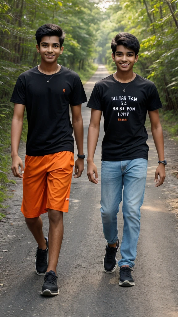 18 years old two indian boys walking on forests
road, they are smile , first boy is wearing Orange plain T-shirt, and second boy wearing Black plain T-shirt, realistic image, 4k quality image. the words Ak Smiley written at top sky