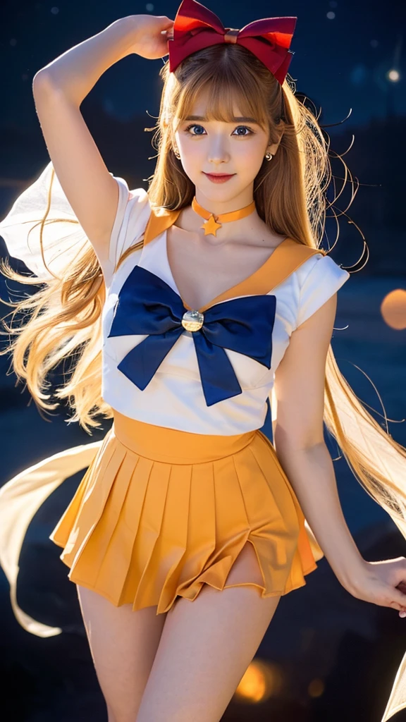 Create a highly detailed image of a character inspired by Sailor Venus from the Sailor Moon series. She is standing confidently, showcasing her iconic sailor scout uniform. The uniform includes a pristine white bodice with a large, vibrant orange bow at the chest, and a orange collar adorned with white stripes. Her skirt is a bright yellow, pleated and flowing. Instead of her usual white socks, she is wearing elegant, sheer black stockings that highlight her legs and add a sophisticated touch to her outfit. She also wears white gloves that extend to her elbows, each accented with a small orange bow. Her long, flowing blonde hair is styled with a prominent red bow on top. She has striking blue eyes, a confident smile, and her signature red bow earrings. The background features a vivid night sky filled with twinkling stars and a crescent moon, enhancing the magical and celestial theme of the series. The overall style should emphasize the details of her outfit, making it the focal point of the image.