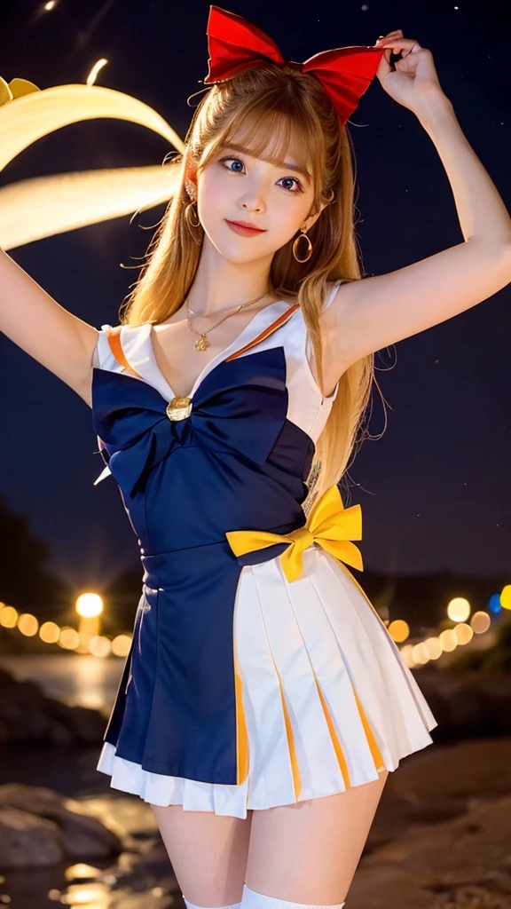 Create a highly detailed image of a character inspired by Sailor Venus from the Sailor Moon series. She is standing confidently, showcasing her iconic sailor scout uniform. The uniform includes a pristine white bodice with a large, vibrant orange bow at the chest, and a orange collar adorned with white stripes. Her skirt is a bright yellow, pleated and flowing. Instead of her usual white socks, she is wearing elegant, sheer black stockings that highlight her legs and add a sophisticated touch to her outfit. She also wears white gloves that extend to her elbows, each accented with a small orange bow. Her long, flowing blonde hair is styled with a prominent red bow on top. She has striking blue eyes, a confident smile, and her signature red bow earrings. The background features a vivid night sky filled with twinkling stars and a crescent moon, enhancing the magical and celestial theme of the series. The overall style should emphasize the details of her outfit, making it the focal point of the image.