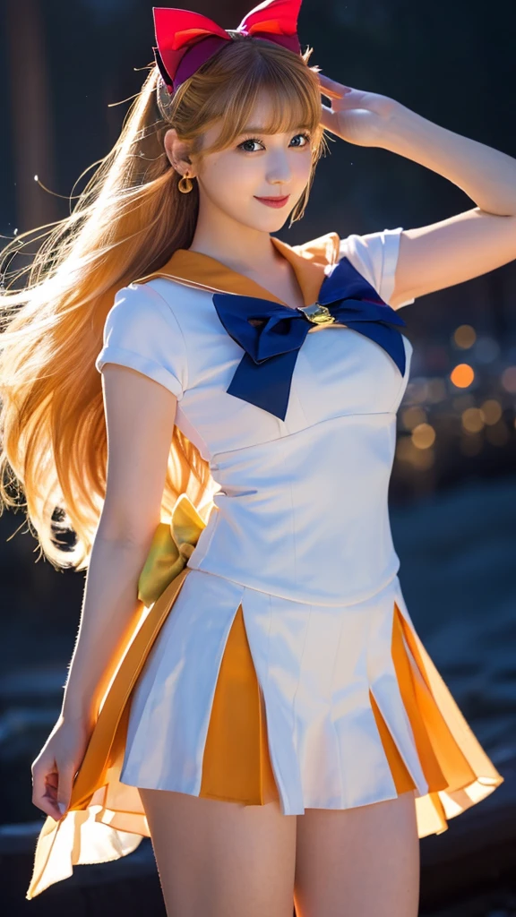 Create a highly detailed image of a character inspired by Sailor Venus from the Sailor Moon series. She is standing confidently, showcasing her iconic sailor scout uniform. The uniform includes a pristine white bodice with a large, vibrant orange bow at the chest, and a orange collar adorned with white stripes. Her skirt is a bright yellow, pleated and flowing. Instead of her usual white socks, she is wearing elegant, sheer black stockings that highlight her legs and add a sophisticated touch to her outfit. She also wears white gloves that extend to her elbows, each accented with a small orange bow. Her long, flowing blonde hair is styled with a prominent red bow on top. She has striking blue eyes, a confident smile, and her signature red bow earrings. The background features a vivid night sky filled with twinkling stars and a crescent moon, enhancing the magical and celestial theme of the series. The overall style should emphasize the details of her outfit, making it the focal point of the image.