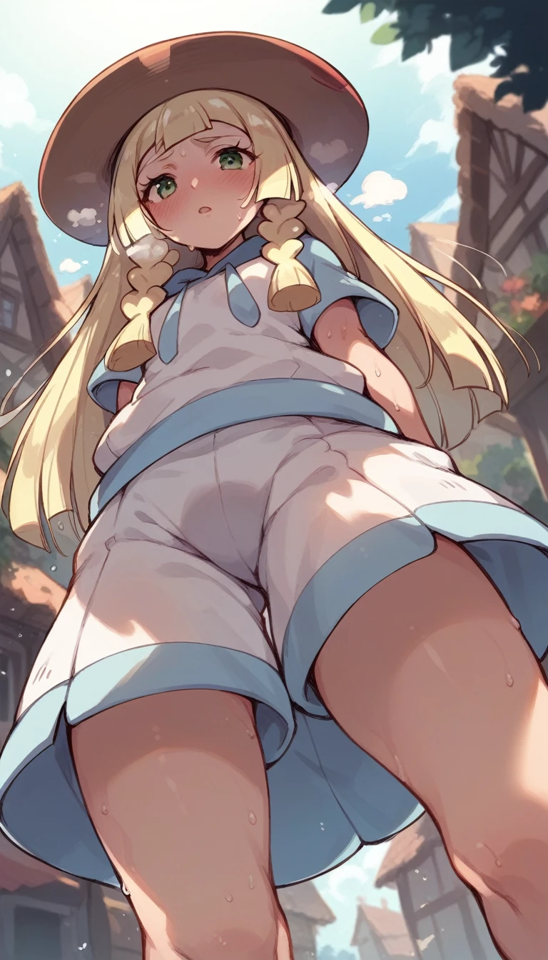 nsfw,,1 person,Sweat,White Breath,solo,Pokémon,Lillie,View from below,パンツVoyeur,In town,Voyeur,M-shaped legs,
