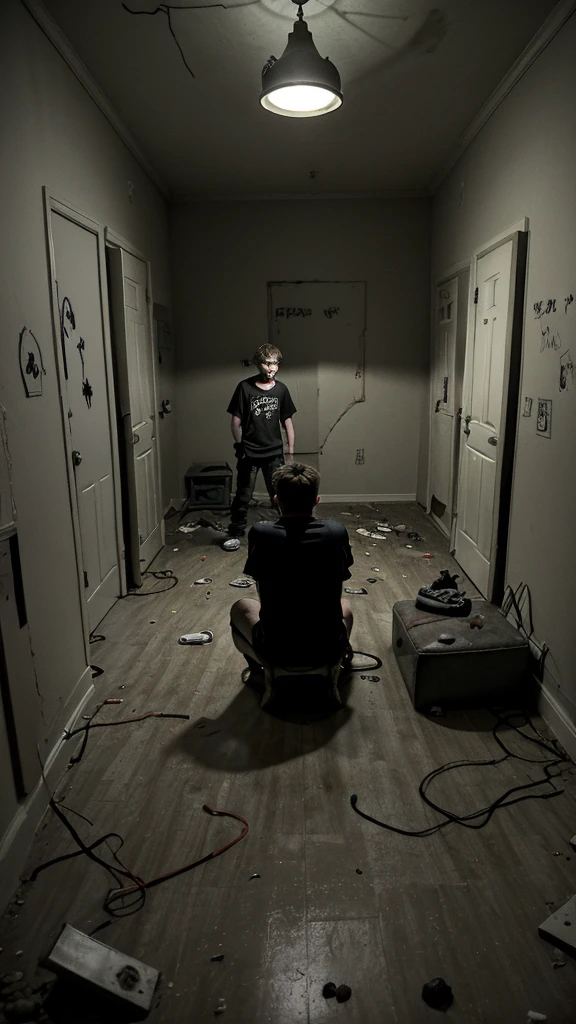 2 teenage boys are in a room . The room is abandoned and creepy . In night