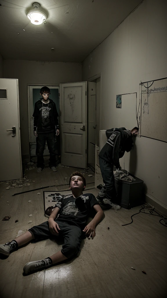2 teenage boys are in a room . The room is abandoned and creepy . In night