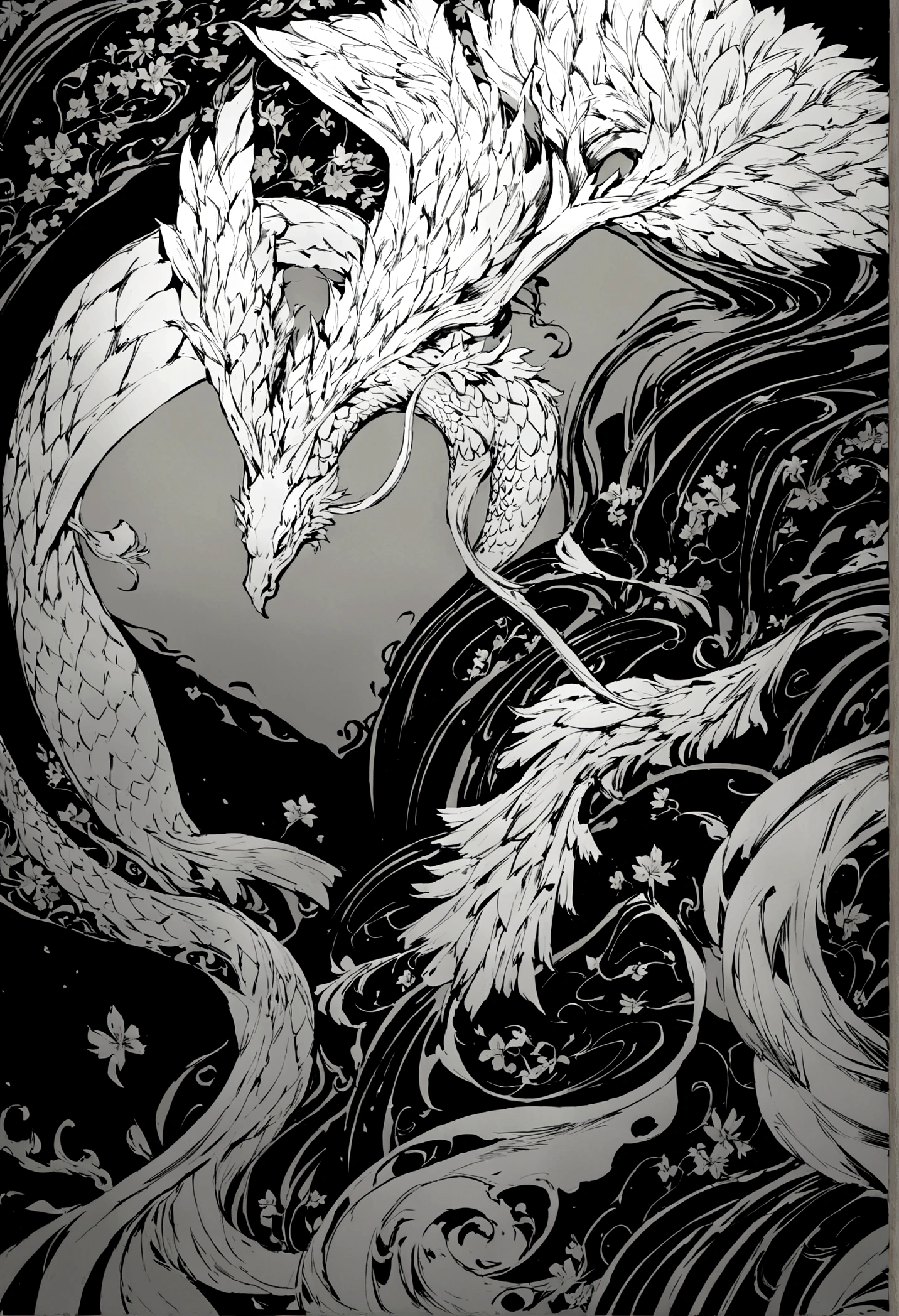 Flying phoenix and dragon,The artwork’s medium is reminiscent of Japanese ink painting......, 具有大胆的笔触和Monochromatic color palette. artist'The technical virtuosity shows the intensity and power of the image'Presence,with the highest quality, Ultra-high resolution captures every detail perfectly. The textures and intricate patterns on the kimonos are reproduced with extreme accuracy. Lighting is carefully designed,Enhance the drama, With dark shadows and subtle highlights. General, The artwork exudes elegance and power, Combining traditional Japanese aesthetics with a modern feel. Monochromatic color palette, Combining details, Create engaging and immersive experiences for your audience.