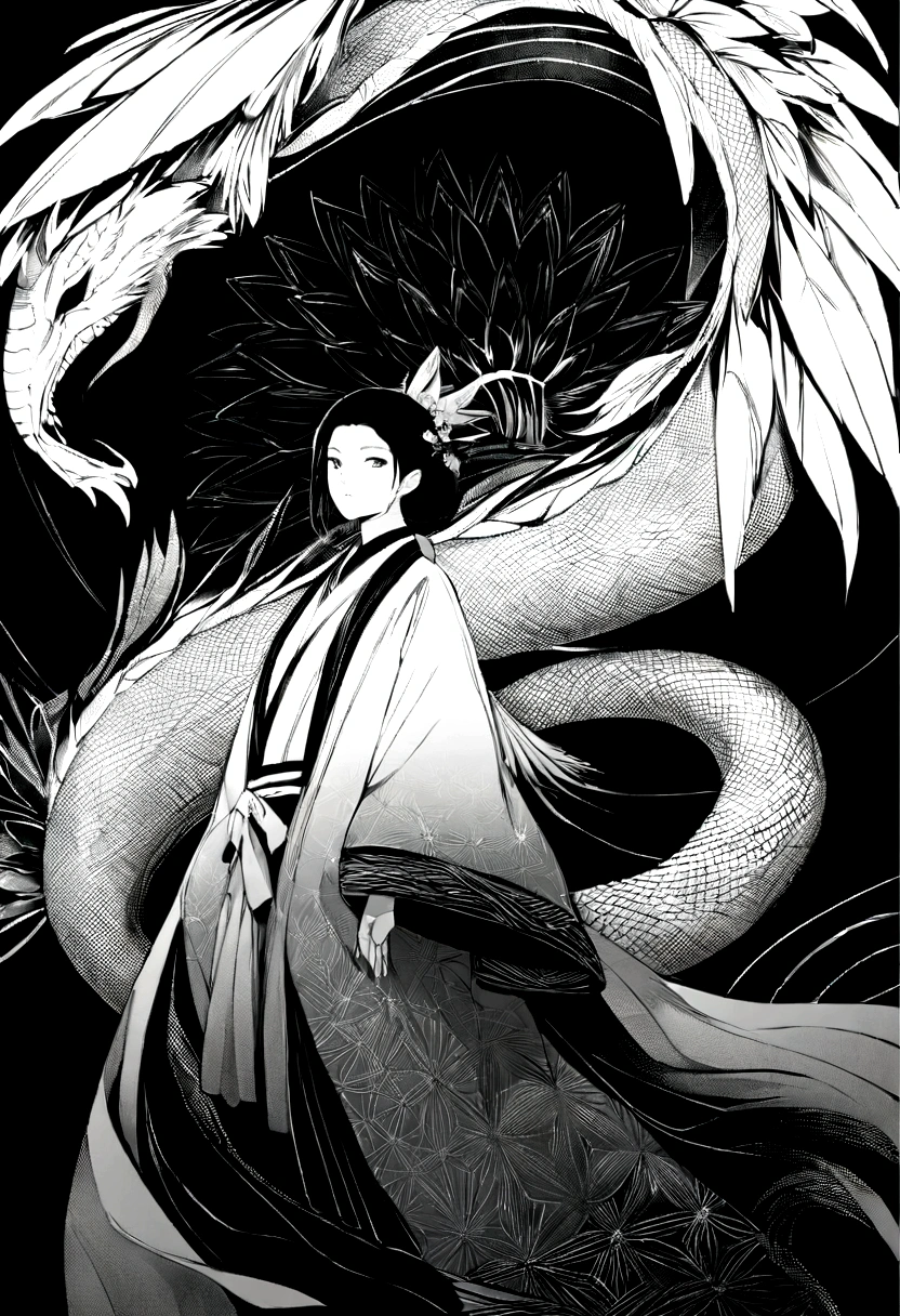 Flying phoenix and dragon,The artwork’s medium is reminiscent of Japanese ink painting......, 具有大胆的笔触和Monochromatic color palette. artist'The technical virtuosity shows the intensity and power of the image'Presence,with the highest quality, Ultra-high resolution captures every detail perfectly. The textures and intricate patterns on the kimonos are reproduced with extreme accuracy. Lighting is carefully designed,Enhance the drama, With dark shadows and subtle highlights. General, The artwork exudes elegance and power, Combining traditional Japanese aesthetics with a modern feel. Monochromatic color palette, Combining details, Create engaging and immersive experiences for your audience.